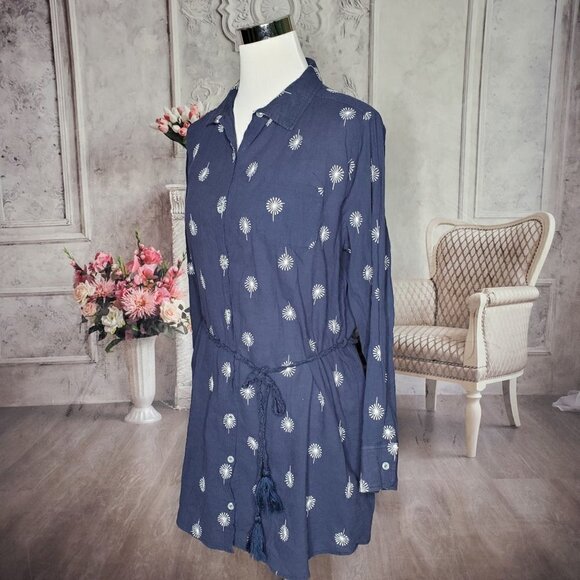 Umgee Dandelions Blue White Collared Button Down Belted Shirt Dress Size Small - Picture 3 of 8